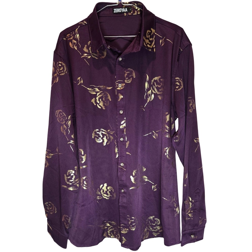 ZEROYAA Plum Gold Rose Print Women's Size L‎ Button Down Long Sleeve Shirt